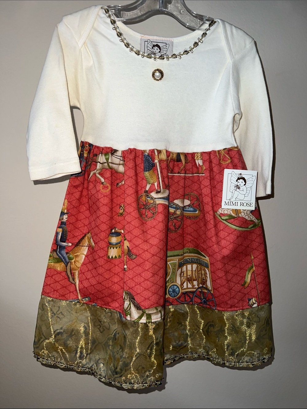 Vintage White & Red Carousel-Print Girls Dress with Gold Trim